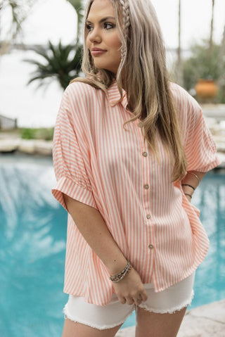 Coral Striped Short Sleeve Blouse | Select Trends Boutique