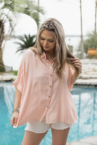 Coral Striped Short Sleeve Blouse | Select Trends Boutique