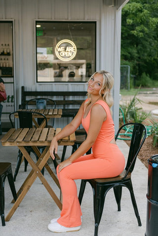 Coral Twisted Back Flare Athletic Jumpsuit | Select Trends Boutique