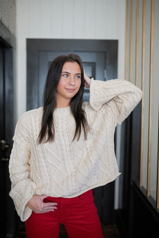 Cream Bell Sleeve Cable Knit Sweater