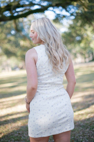 Cream & Blue Floral Denim Mini Dress | Select Trends Boutique