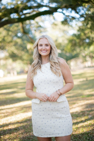 Cream & Blue Floral Denim Mini Dress | Select Trends Boutique