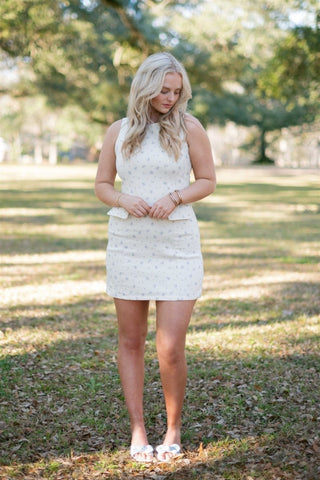 Cream & Blue Floral Denim Mini Dress | Select Trends Boutique