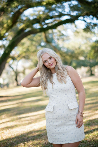 Cream & Blue Floral Denim Mini Dress | Select Trends Boutique