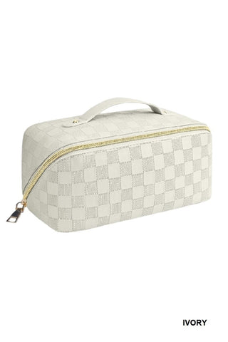 Cream Checkered Vegan Leather Makeup Bag - Select Trends Boutique