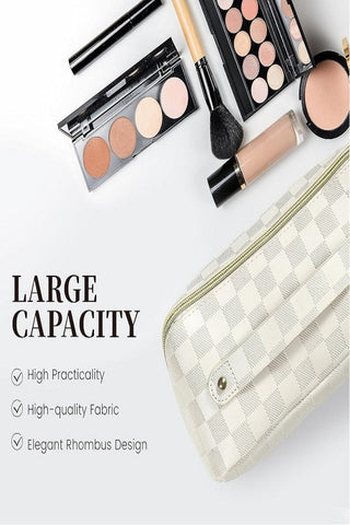 Cream Checkered Vegan Leather Makeup Bag - Select Trends Boutique
