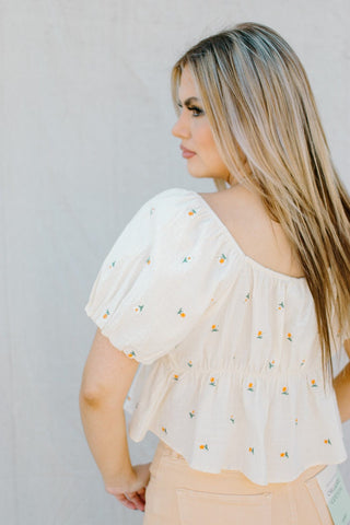 Cream Flower Detailed Flowy Top