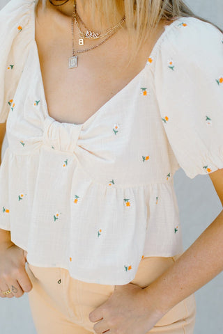 Cream Flower Detailed Flowy Top