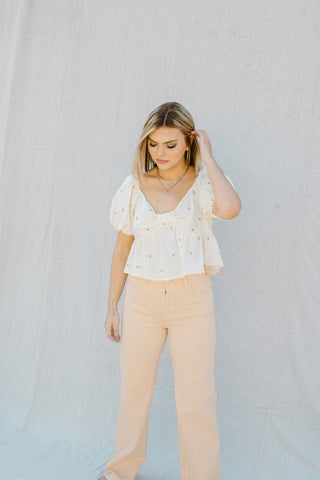 Cream Flower Detailed Flowy Top