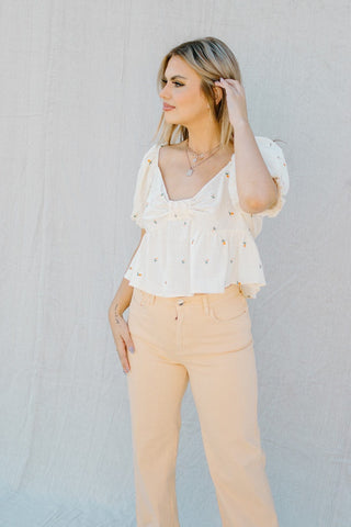 Cream Flower Detailed Flowy Top