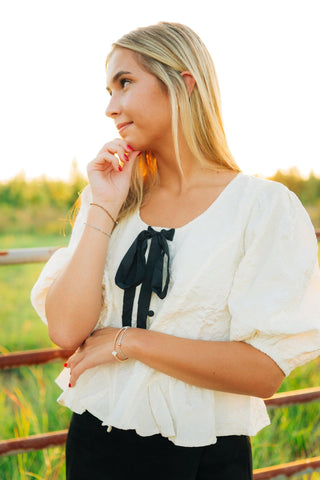 Cream Jacquard Puff Sleeve Blouse - Select Trends Boutique