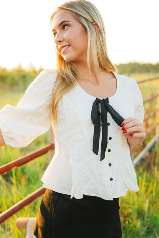 Cream Jacquard Puff Sleeve Blouse - Select Trends Boutique