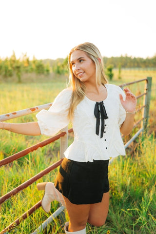 Cream Jacquard Puff Sleeve Blouse - Select Trends Boutique