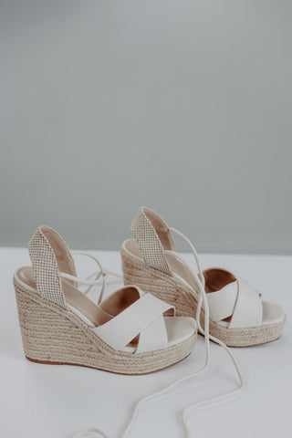 Cream Lace Up Espadrille Wedges