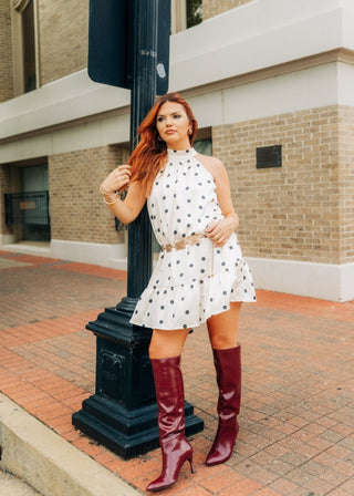 Cream Polka Dot Halter Mini Dress | Select Trends Boutique