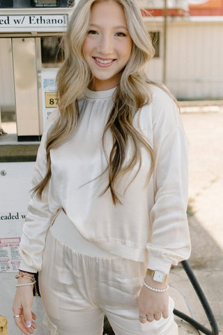 Cream Satin Set Long Sleeve Top | Select Trends Boutique