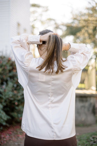 Cream Sequin Cuff Satin Blouse | Select Trends Boutique
