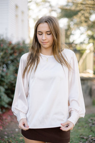 Cream Sequin Cuff Satin Blouse | Select Trends Boutique
