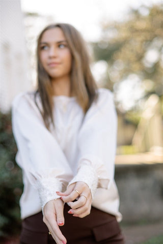 Cream Sequin Cuff Satin Blouse | Select Trends Boutique