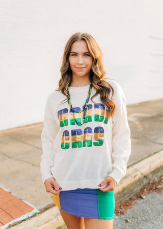 Cream Sequin Mardi Gras Sweater | Select Trends Boutique