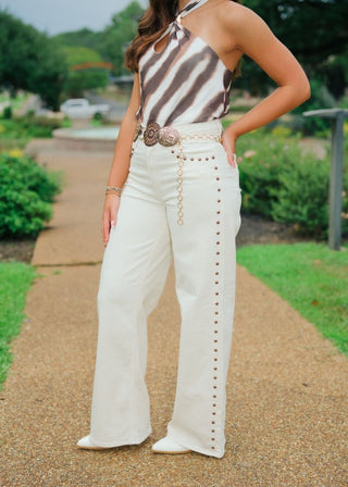 Cream Studded Wide Leg Jeans | Select Trends Boutique