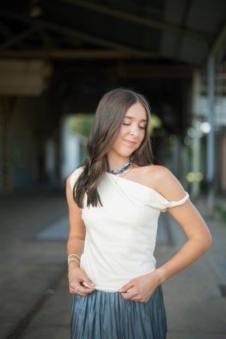 Cream Twist Draped Shoulder Top | Select Trends Boutique