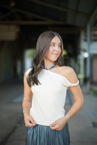 Cream Twist Draped Shoulder Top | Select Trends Boutique