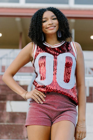 Crimson & White Sequin Sleeveless Jersey | Select Trends Boutique