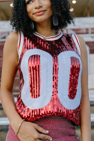 Crimson & White Sequin Sleeveless Jersey | Select Trends Boutique