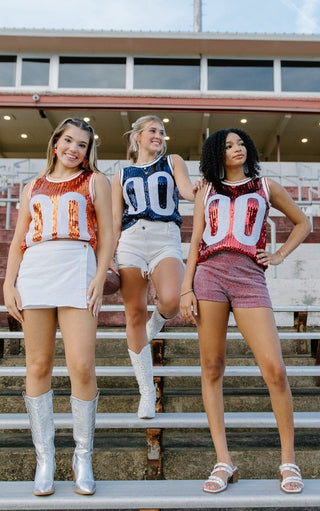 Crimson & White Sequin Sleeveless Jersey | Select Trends Boutique