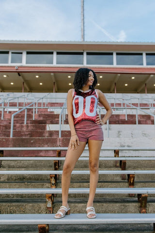 Crimson & White Sequin Sleeveless Jersey | Select Trends Boutique