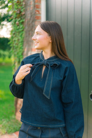 Dark Wash Bow Denim Blouse | Select Trends Boutique