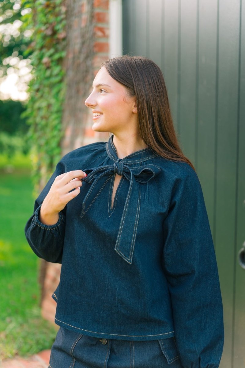 Dark Wash Bow Denim Blouse