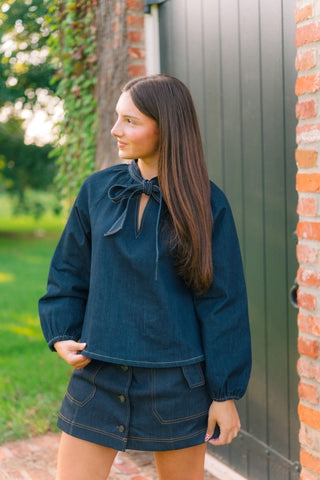 Dark Wash Bow Denim Blouse | Select Trends Boutique
