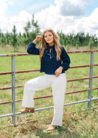 Dark Wash Bow Denim Blouse | Select Trends Boutique