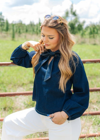 Dark Wash Bow Denim Blouse | Select Trends Boutique