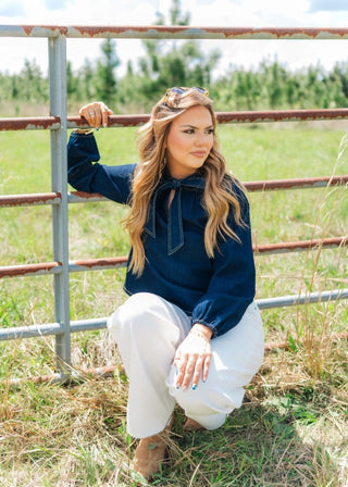 Dark Wash Bow Denim Blouse | Select Trends Boutique