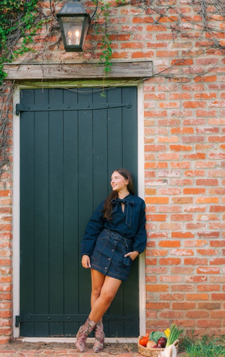 Dark Wash Bow Denim Blouse | Select Trends Boutique