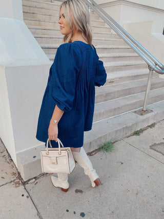 Dark Wash Long Sleeve Pleated Romper - Select Trends Boutique