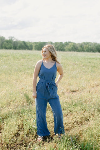 Denim Blue Smocked Jumpsuit | Select Trends Boutique