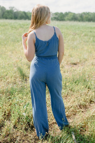Denim Blue Smocked Jumpsuit | Select Trends Boutique