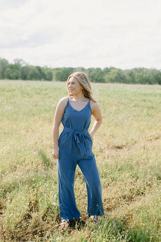 Denim Blue Smocked Jumpsuit