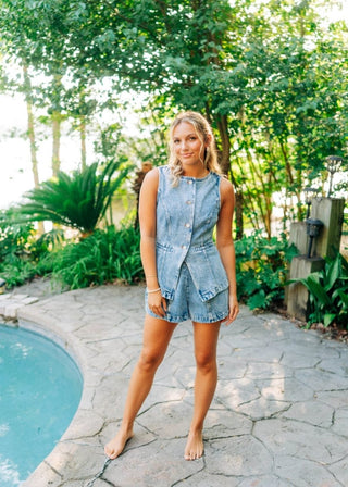 Denim Button Down Vest & Short Set | Select Trends Boutique