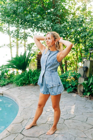 Denim Button Down Vest & Short Set | Select Trends Boutique