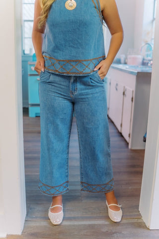 Denim Embroidered Flowy Pant Set | Select Trends Boutique