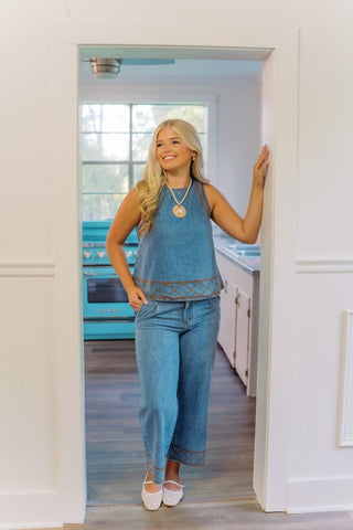 Denim Embroidered Flowy Pant Set | Select Trends Boutique