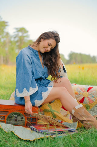 Denim Lace Trim Bell Sleeve Dress | Select Trends Boutique