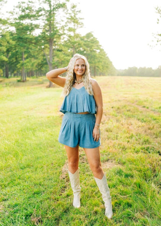Denim Pleated Skort Set | Select Trends Boutique