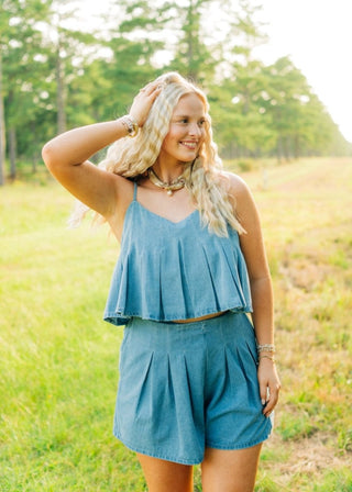 Denim Pleated Skort Set | Select Trends Boutique