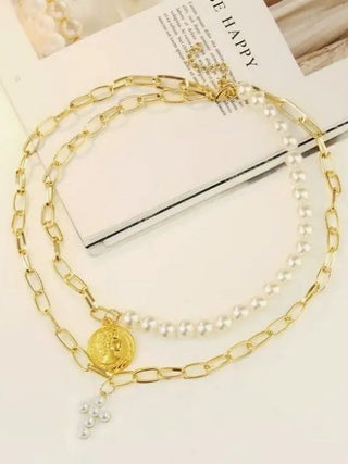 Double Layer Pearl Cross & Coin Necklace | Select Trends Boutique